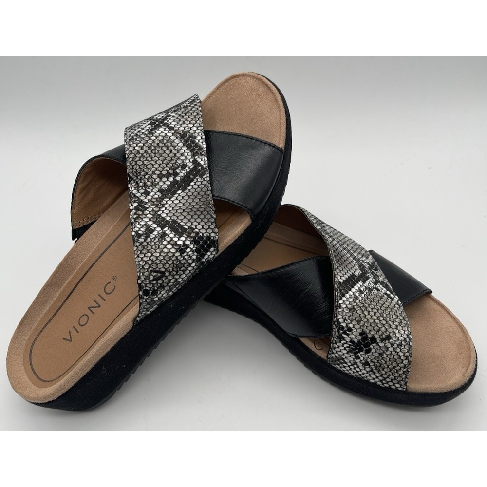 Vionic Women's 7 Medium Hayden Black Snake Skin Leather Criss Cross Slide Sandal